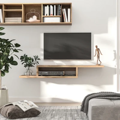 HOMCOM Mueble de TV Mesa Flotante para Televisión hasta 60 Pulgadas en la Pared con 2 Estantes Madera 152,4x29,8x21 cm Roble Claro