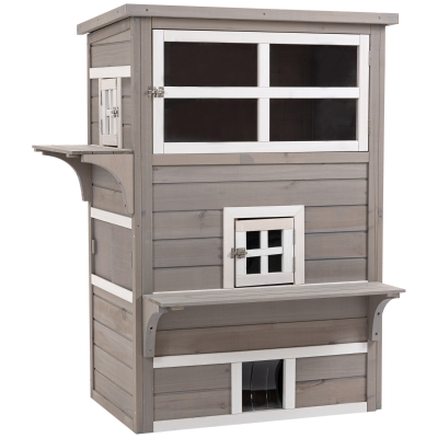 PawHut Casa para Gatos de Madeira Exterior Casa Grande para Gatos de 3 Andares com Múltiplas Entradas Janelas e 2 Plataformas para Terraço Balcão Jardim 98x68,5x122cm Cinza