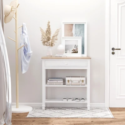 HOMCOM Table console multifonctionnelle Table d'appoint 75,6x27,5x80,5 cm Bois naturel Blanc