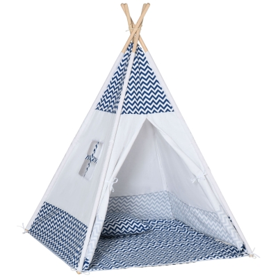HOMCOM Tipi-Zelt für Kinder mit Bodenmatte und Kissen, Blau+Weiß, 120 x 120 x 155 cm