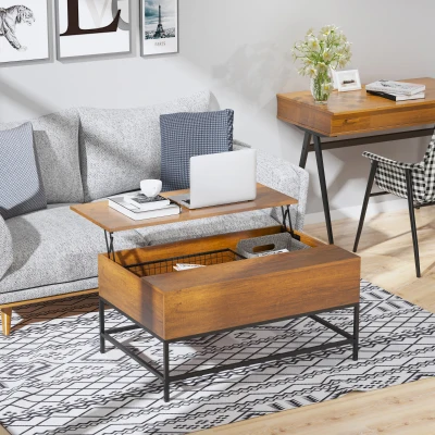 HOMCOM Table basse surélevée Table basse polyvalente avec rangement dissimulé Pieds en métal 90x60,5x45,5 cm