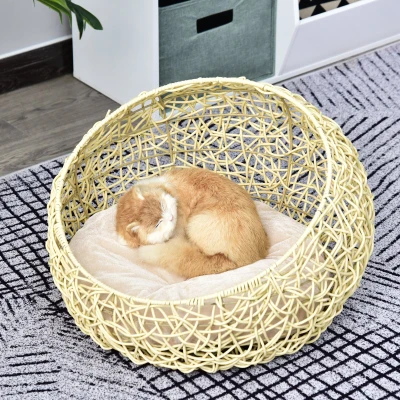 Pat pentru Pisici din Rattan cu Perna Ф56x35cm Bej