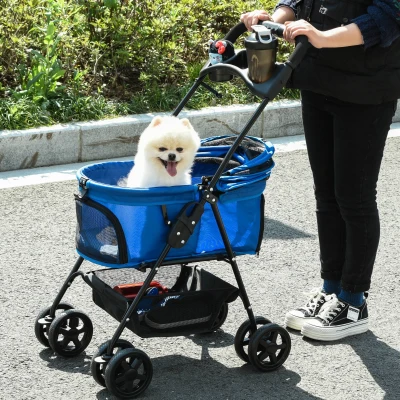 Carucior transport pentru caini Pliabil cu roti, centuri, Albastru