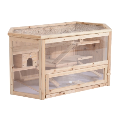PawHut Cusca pentru Rozitori si Hamsteri cu 2 Rafturi cu Tesatura Trapa din Lemn 115x60x58cm