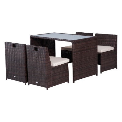 Outsunny Set Mobilier de Gradina din Ratan 5 Bucati Masa Pranz 4 Scaune cu Perne