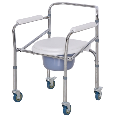 Homcom Scaun Comfortabil WC Pliabil cu 4 Roti Tava Detasabila si Inaltime Reglabila