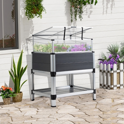 Outsunny Jardiniera inaltata cu mini sera din policarbonat si raft inferior din aluminiu si PVC, gri