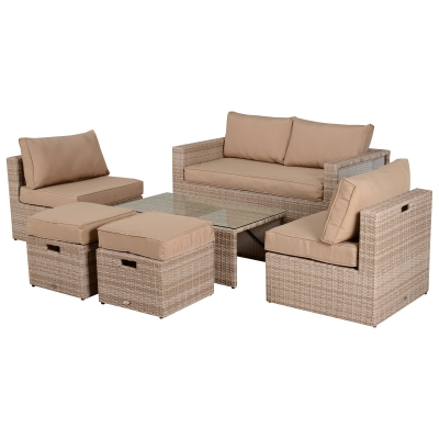 Outsunny Mobilier Gradina Set 6 Piese pentru Exterior cu Canapea 2 Fotolii 2 Pufuri si Masuta Kaki si Bej