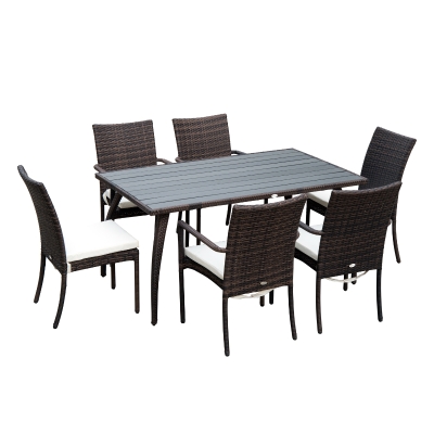 Outsunny Set Mobilier de Extern in PE Rattan Masa de Pranz in Lemn cu 6 Scaune cu Perne, Maro
