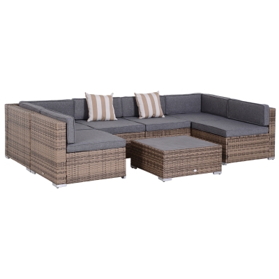 Outsunny Salon de Gradina din Rattan din 7 Piese cu Masuta si Canapea Modulara cu Perne, Gri