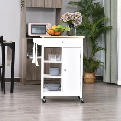Carucior bucatarie, din lemn, 66x39,5x86,5cm, alb