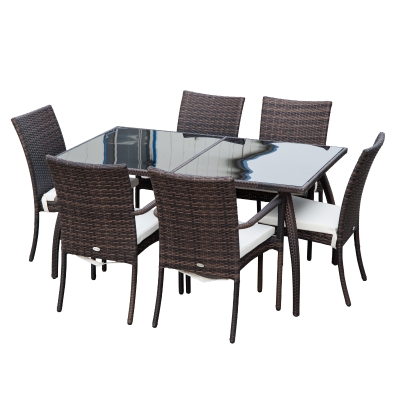 Outsunny Set Mobilier Rattan Masa de Pranz in Sticla cu 6 Scaune, Maro