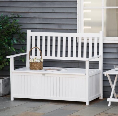 Outsunny Banca de gradina cu 2 locuri si spatiu de depozitare, Mobilier de exterior, Cutie de depozitare pentru veranda, terasa sau balcon, Alb