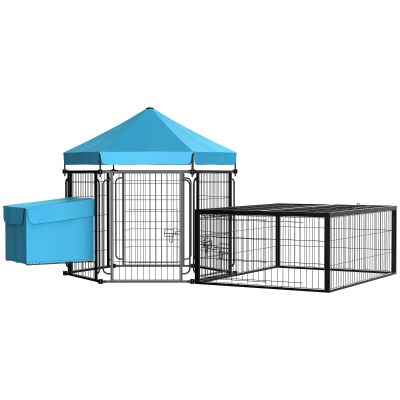 PawHut Steel Chicken Coop, Outdoor Hexagonal Hen House, Heavy-Duty Detachable Poultry Cage w/ Water-Resistant Canopy, Run, Nesting Box, Lockable Doors - Blue