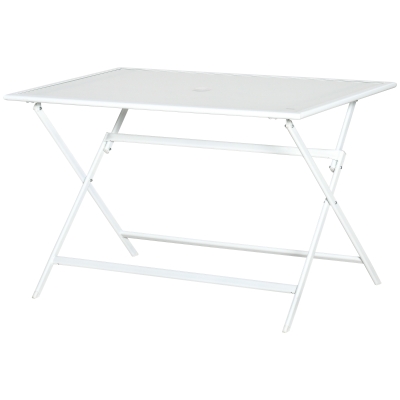 Outsunny Mesa de Jardín de Metal Plegable Mesa de Camping Rectangular de Vidrio Templado con Agujero para Sombrilla para Picnic Terraza Balcón 110x70x70 cm Blanco