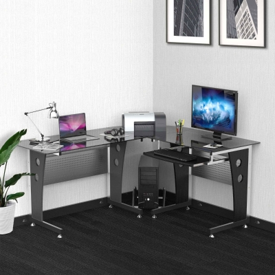 HomCom birou colt MDF, metal si sticla 164x139x75cm, negru