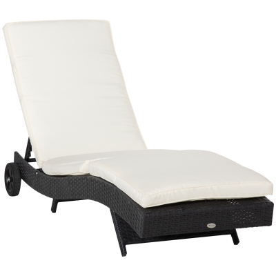 Outsunny Bain de soleil transat grand confort - dossier inclinable 5 positions roulettes - matelas déhoussable inclus - résine tressée noire et beige