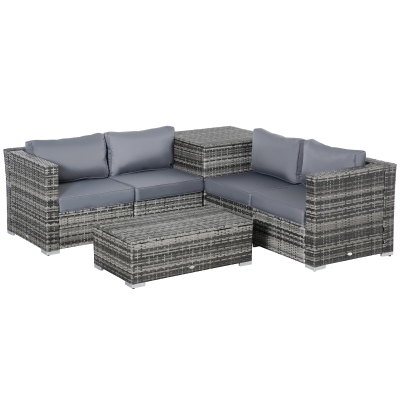 Outsunny 6PC Rattan Corner Sofa Set Wicker 4 Seater Garden Storage Coffee Table Conversation Ottoman Outdoor Weave Furniture w/ Cushion Grey