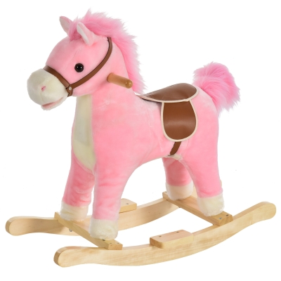 HOMCOM Caballo Balancín para Bebé de 36 a 72 Meses Juguete Balancín de Felpa Suave con Música Relinchos Sonidos de Galope Boca y Cola Móviles 65x32,5x61 cm Rosa