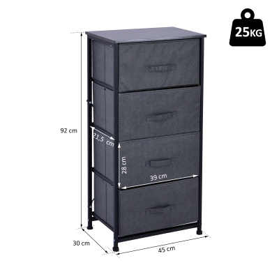 HOMCOM® Schubladenschrank Aufbewahrungsschrank mit 4 faltbaren Stoffschubladen Metallgestell + Holz + Leinen Grau 45 x 30 x 92 cm