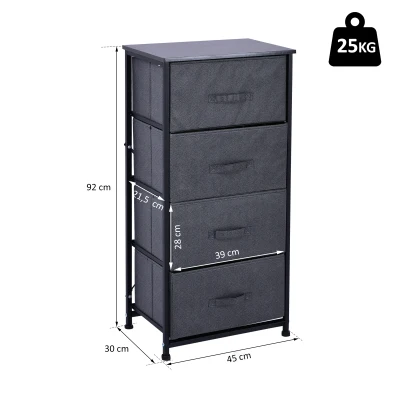 HOMCOM® Schubladenschrank Aufbewahrungsschrank mit 4 faltbaren Stoffschubladen Metallgestell + Holz + Leinen Grau 45 x 30 x 92 cm