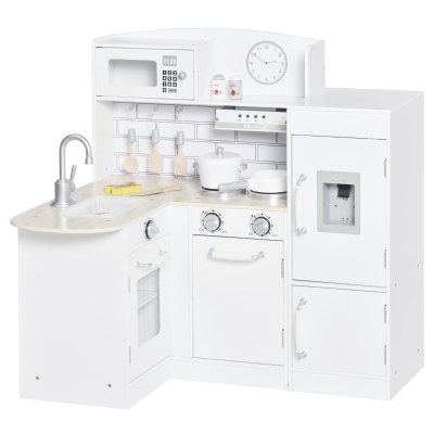 HOMCOM Cocina de Juguete de Madera para Niños de +3 Años Cocinita Infantil con Nevera Microondas Fregadero Campana y 14 Accesorios 86x64x84,5 cm Blanco