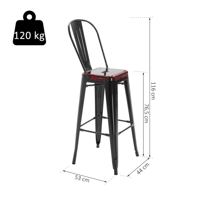 HOMCOM Barhocker mit Fußstütze | Stapelbar | Metall | 44 x 53 x 116 cm | Schwarz