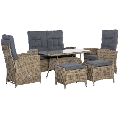 Outsunny 6 Pieces PE Rattan Dining Set, Patio Wicker Conversation Furniture, Tempered Glass Table-top Dining Table w/ Storage Layer and Chaise Lounge Chair w/ Adjustable Backrest, Mixed Grey