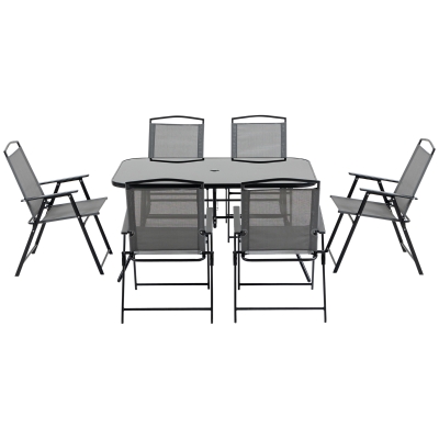 Outsunny 7 Piece Garden Furniture Set with Glass Dining Table and Folding Chairs, 6 Seater Outdoor Patio Furniture for Deck and Balcony, Black&Grey