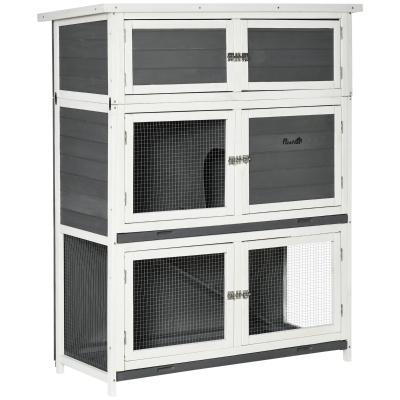 PawHut Clapier en bois pour lapin à 2 étages + 1 niveau de rangement pour intérieur et extérieur avec plateau coulissant, rampe, pour lapins et petits animaux, dim. 113L x 48l x 135H cm gris