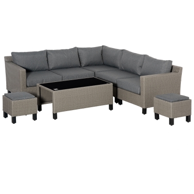 Outsunny 7-Seater Outdoor PE Rattan Sofa Set, Patio All Weather Wicker Conservatory Corner Sofa Furniture, w/ Tempered Glass Coffee Table & Cushions for Lawn, Garden, Grey
