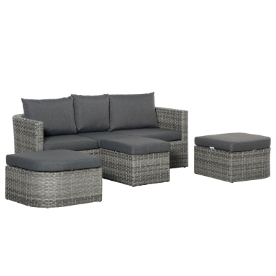 Outsunny Three Pieces Outdoor PE Rattan Sofa Set, Patio Wicker Conversation Double Chaise Lounge Furniture Set w/ Side Table, Large Daybed w/ Cushion, Mixed Grey