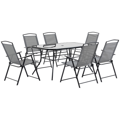 Outsunny 7 Piece Garden Furniture Set with Glass Dining Table and Folding Chairs, 6 Seater Outdoor Patio Furniture for Deck and Balcony, Black&Grey