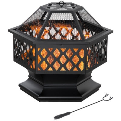 Brasero hexagonal grille couvercle tisonnier acier noir