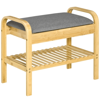 HOMCOM Bamboo Shoe Bench, Shoes Rack Stool with Cushion, Hidden Storage and 1 Shelf for Living Room, Hallway, Bedroom, Natural