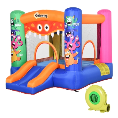 Outsunny Hüpfburg mit Gebläse Rutsche für 2 Kinder Burg aufblasbare Springburg Outdoor Spielburg Spielhaus für 3-8 Jahre Kindergarten Monster-Muster Oxford-, Polyester-Gewebe 250 x 180 x 175 cm