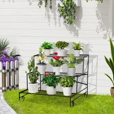 Outsunny Metal Plant Stand Flower Rack 3 Tier Plant Shelf Flower Stairs for Indoor and Outdoor Garden Balcony Black 95 x 63 x 72 cm