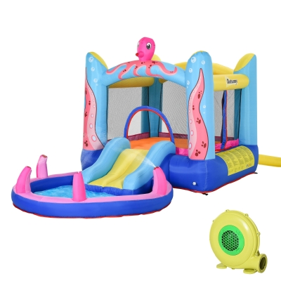 Outsunny Aufblasbare Hüpfburg mit Rutsche Springburg Spielburg Wasserpark für Kinder Trampolin aufblasbar Wasserrutsche Pool für 3-8 Jahre Kindergarten Oktopus-Muster Oxfordstoff 360 x 175 x 180 cm