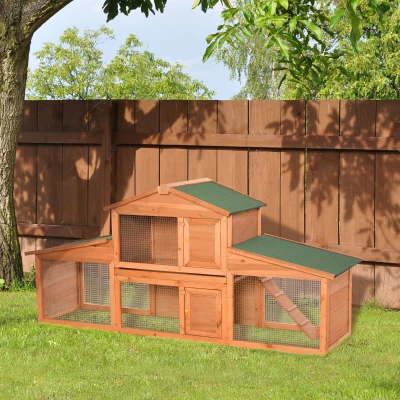 PawHut Small Animal Deluxe XXL Fir Wood 2-Tier Hutch Natural Wood Tone
