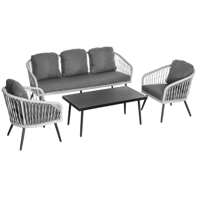Outsunny Conjunto de Muebles de Ratán Juego de Muebles de Jardín 4 Piezas Mesa de Café de Aluminio Sofá de 3 Plazas y 2 Sillones con Cojines para Terraza Exterior Gris