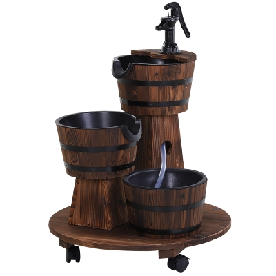 Outsunny Holzfass-Brunnen mit Wasserpumpe,Kaskadenbrunnen,ZImmerbrunnen,Rustikales Holz,Vintage-Stil,Einfach zu transportieren,Tannenholz,Verkohltes Holz,Maße 60 x 60 x 78 cm