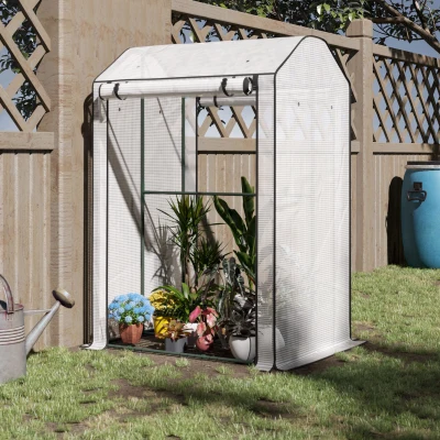 Outsunny Mini Greenhouse with Shelves Portable Garden Grow House Tomato Greenhouse for Plants with Roll Up Door and Vents, 100 x 80 x 150cm, White