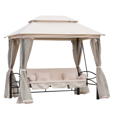 Outsunny 2-in-1 Convertible Swing Chair Bed 3 Seater Hammock Gazebo Patio Bench Cushioned Seat Mesh Curtains - Cream White