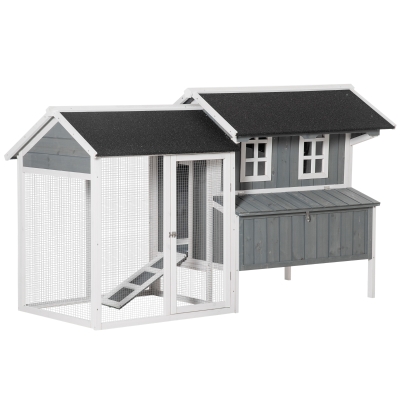 PawHut Hühnerstall Hühnerhaus mit Nistkasten Rampe winterfest Hühnervoliere 2 Ebenen Gehege leicht zu reinigen Tannenholz Stahl Asphalt Grau 209,5 x 96 x 123 cm