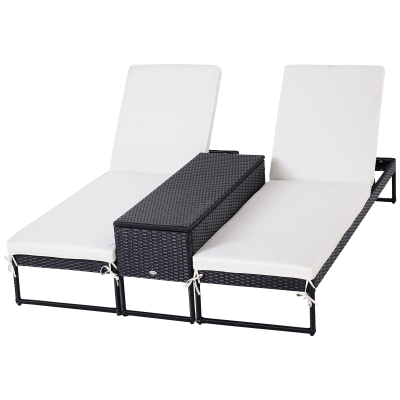 Outsunny 3PC Rattan Sun Lounger Garden Outdoor Wicker Weave Recliner Bed Side Table Set Patio Furniture with Cushion - Black