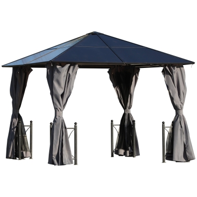 Outsunny 3 x3 (m) Patio Garden PC Board Aluminium Hardtop Gazebo Party Wedding Marquee Tent with Curtains and Netting - Black