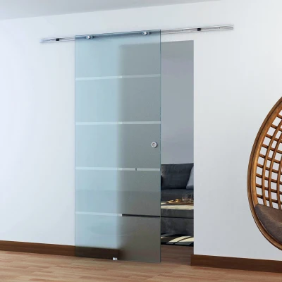 HOMCOM 77.5cm Modern Sliding Door Include Hardware Track System Kit, Frosted Stripe Glass Door, Round Handle