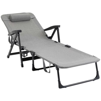 Outsunny Folding Chaise Lounge Chair, Mesh Fabric Lounge Chair, 7-Reclining Position Sleeping Bed with Pillow & Cup Holder or Poolside, Deck, Backyard, Light Grey