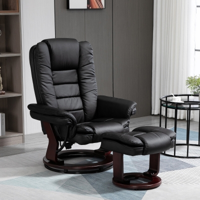 HOMCOM Faux Leather Extra-Padded Reclining Chair & Footstool - Black