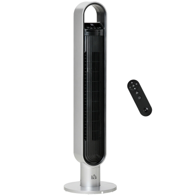 HOMCOM Anion Freestanding Tower Fan Cooling for Bedroom with Oscillating, 3 Speed, 12h Timer, LED Sensor Panel, Remote Controller, Silver